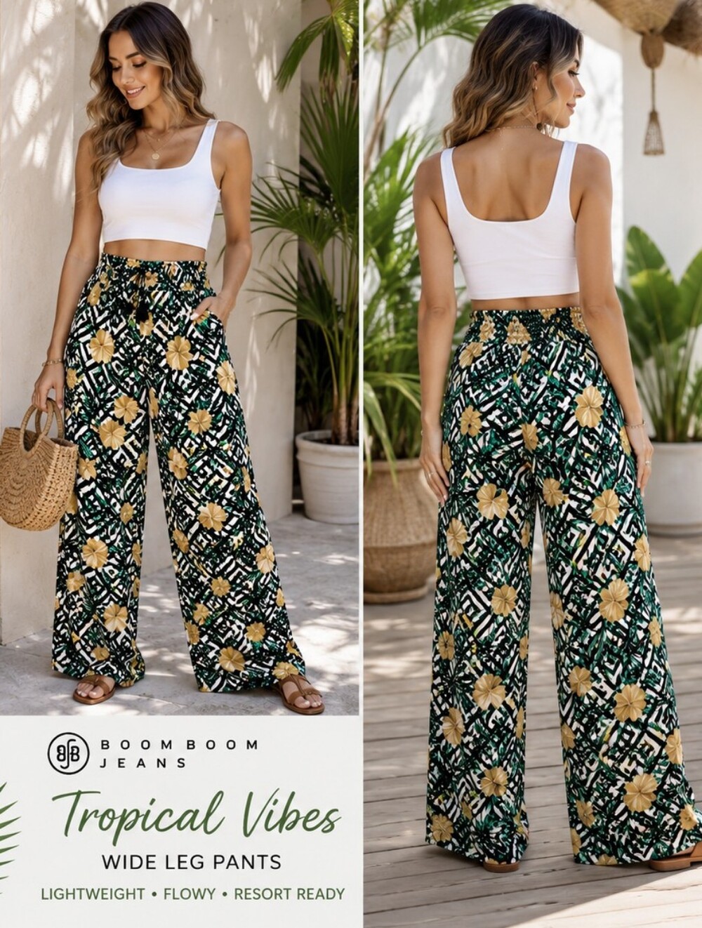 Boom Boom Jeans Tropical Rayon Wide Leg Palazzo Pants L - Picture 1 of 10
